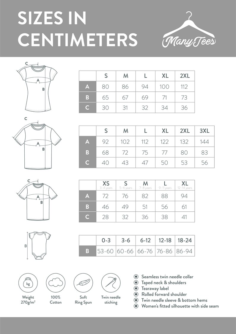 Puede incluir: Tabla de tallas para camisetas y bodies en cent&iacute;metros. La tabla muestra las medidas para diferentes tallas, incluyendo XS, S, M, L, XL, 2XL y 3XL. La tabla tambi&eacute;n incluye las medidas para bodies de beb&eacute; en tallas 0-3, 3-6, 6-12, 12-18 y 18-24. La tabla incluye las medidas del pecho, la cintura y la longitud de la prenda. La tabla tambi&eacute;n incluye informaci&oacute;n sobre el peso de la tela, que es de 270 g/m&sup2;. La tabla tambi&eacute;n incluye informaci&oacute;n sobre la tela, que es 100% algod&oacute;n, suave y hilado en anillo, y con puntada de doble aguja.