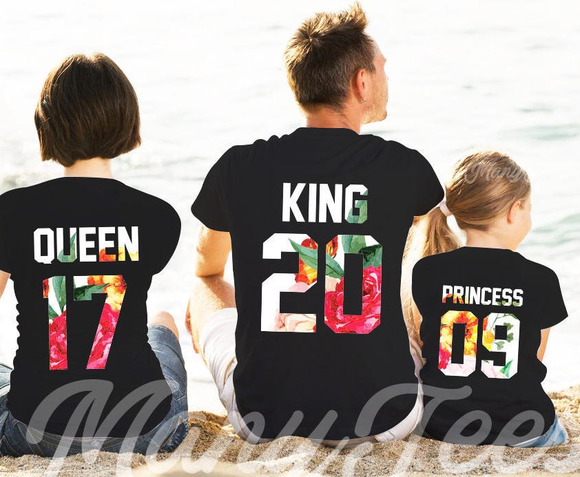 Prince and Princess T-shirts set with text on the back. Queen Family King