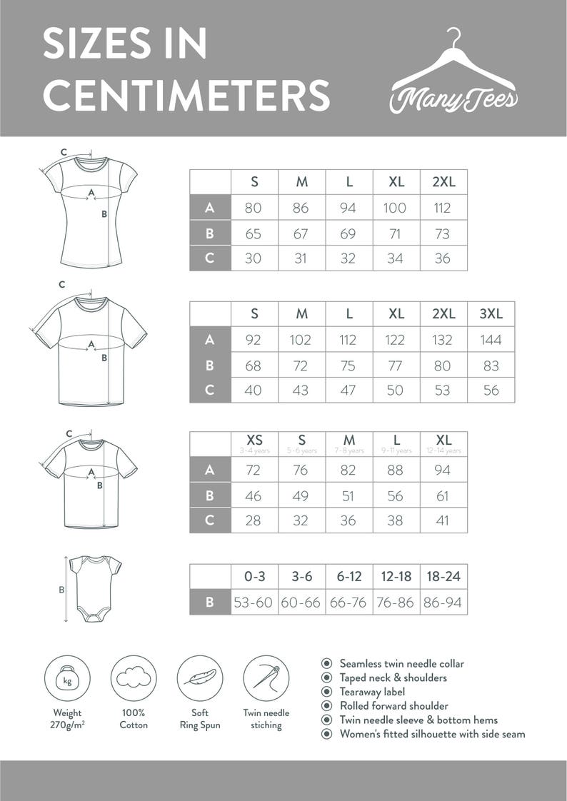 Pu&ograve; includere: Tabella delle taglie per t-shirt e body in centimetri. La tabella mostra le misure per diverse taglie, tra cui XS, S, M, L, XL, 2XL e 3XL. La tabella include anche le misure per i body per neonati nelle taglie 0-3, 3-6, 6-12, 12-18 e 18-24. La tabella include le misure per il petto, la vita e la lunghezza del capo. La tabella include anche informazioni sul peso del tessuto, che &egrave; di 270 g/m&sup2;. La tabella include anche informazioni sul tessuto, che &egrave; 100% cotone, morbido e filato ad anello, e con cucitura a doppio ago.