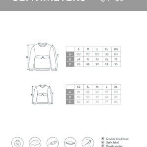 K&ouml;nnte beinhalten: Gr&ouml;&szlig;entabelle f&uuml;r einen Pullover in Zentimetern. Die Tabelle zeigt die Ma&szlig;e f&uuml;r Brustumfang, L&auml;nge und &Auml;rmell&auml;nge in den Gr&ouml;&szlig;en XS, S, M, L, XL und 2XL. Der Pullover besteht aus einer Mischung aus 50% Baumwolle und 50% Polyester. Er verf&uuml;gt &uuml;ber eine doppelte Kapuze, ein Satin-Etikett, eine K&auml;ngurutasche, 1x1 Ripp mit Elasthan, Zwillingsnadel-N&auml;hte und eine eliminierte Mittelnaht.