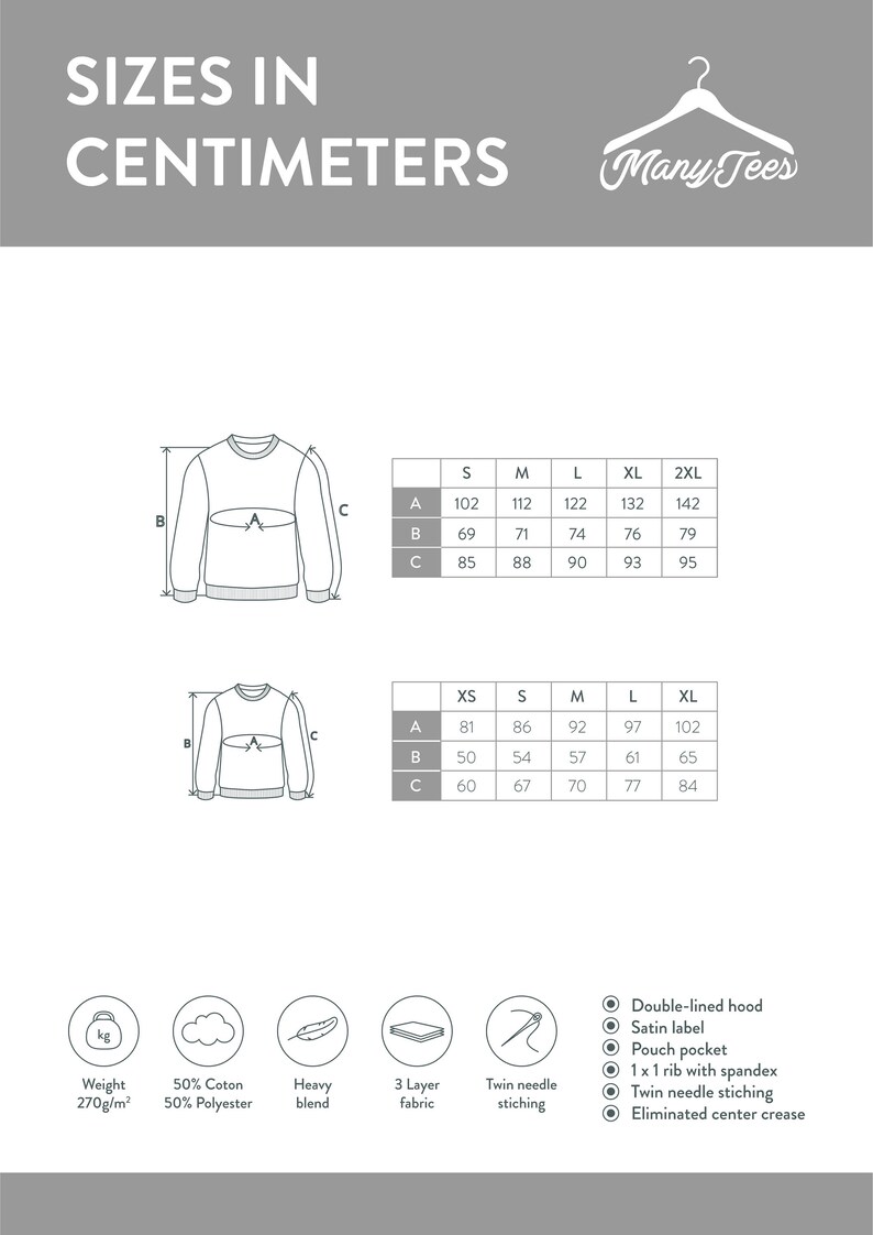 K&ouml;nnte beinhalten: Gr&ouml;&szlig;entabelle f&uuml;r einen Pullover in Zentimetern. Die Tabelle zeigt die Ma&szlig;e f&uuml;r Brustumfang, L&auml;nge und &Auml;rmell&auml;nge in den Gr&ouml;&szlig;en XS, S, M, L, XL und 2XL. Der Pullover besteht aus einer Mischung aus 50% Baumwolle und 50% Polyester. Er verf&uuml;gt &uuml;ber eine doppelte Kapuze, ein Satin-Etikett, eine K&auml;ngurutasche, 1x1 Ripp mit Elasthan, Zwillingsnadel-N&auml;hte und eine eliminierte Mittelnaht.