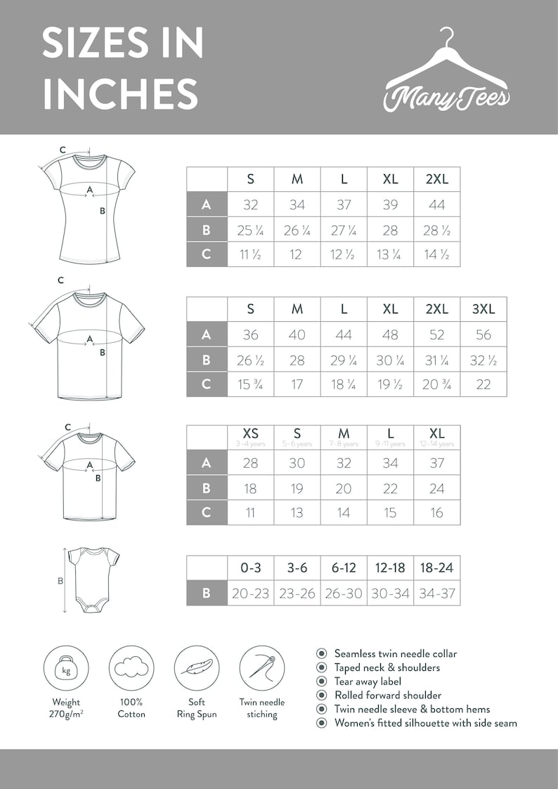 Pu&ograve; includere: Una tabella di taglie per t-shirt in pollici. La tabella mostra le misure per diverse taglie, tra cui XS, S, M, L, XL, 2XL e 3XL. La tabella include anche le misure per le taglie per bambini, 0-3, 3-6, 6-12, 12-18 e 18-24. La tabella include le misure per la lunghezza, la larghezza e la lunghezza della manica delle t-shirt.