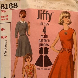 May include: Vintage Simplicity sewing pattern, number 6168, with illustrations of three dresses. The pattern includes four main pieces and is labeled "easy-cut easy-sew." The bust size is 91.4 cm.