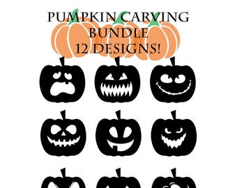 12 Pumpkin Carving Stencils Downloadable Printable with PDF, PNG, SVG