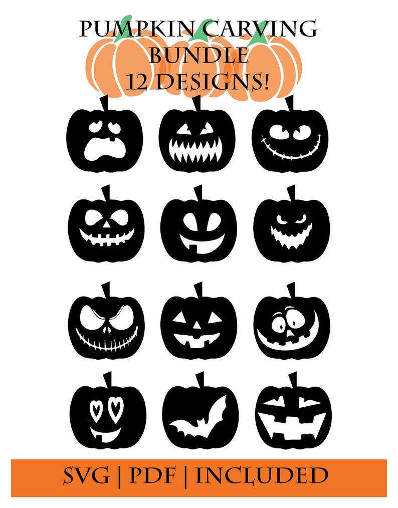 12 Pumpkin Carving Stencils Downloadable Printable with PDF, PNG, SVG image 1
