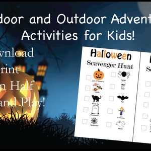 May include: Printable Halloween scavenger hunt game for kids. Two pages with a list of Halloween items to find, including a jack-o-lantern, spider, skull, black cat, bat, ghost, scarecrow, spiderweb, and a ghost.  Download, print, cut in half, learn and play!