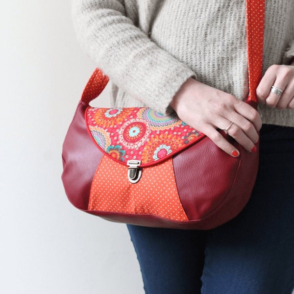 Sac besace femme bandoulière simili cuir bordeaux et tissu rouge  et orange multicolore et pois