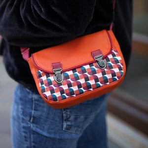 Sac à main bandoulière femme Clémentine en simili cuir rouille et tissu imprimé rouille rétro
