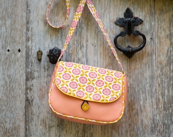 REVERSIBLE women's shoulder bag in pink Charlie faux leather and yellow and pink retro printed fabric