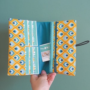 Portefeuille femme compagnon simili cuir jaune tissu imprimé géométrique jaune et turquoise