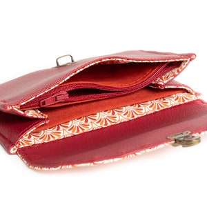 Women's coin purse attaches retro Sarah satchel in burgundy red imitation leather and geometric printed fabric image 3