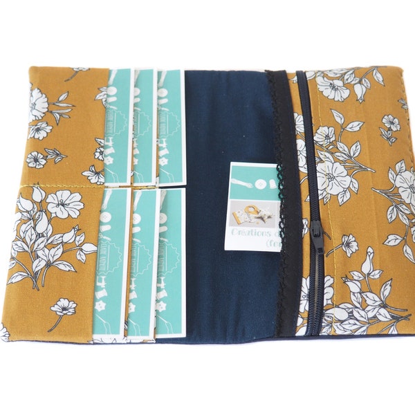 Portefeuille femme simili cuir bleu marine tissu imprimé moutarde fleurs