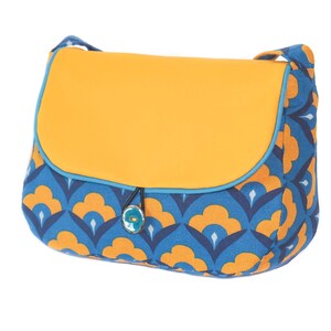 REVERSIBLE Paola women's shoulder bag in mustard yellow imitation leather and retro mustard yellow and turquoise printed fabric image 7