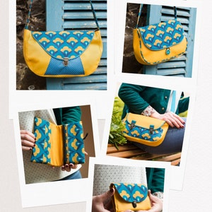 Porte monnaie femme Paola attache cartable simili cuir jaune moutarde et tissu bleu turquoise rétro image 8