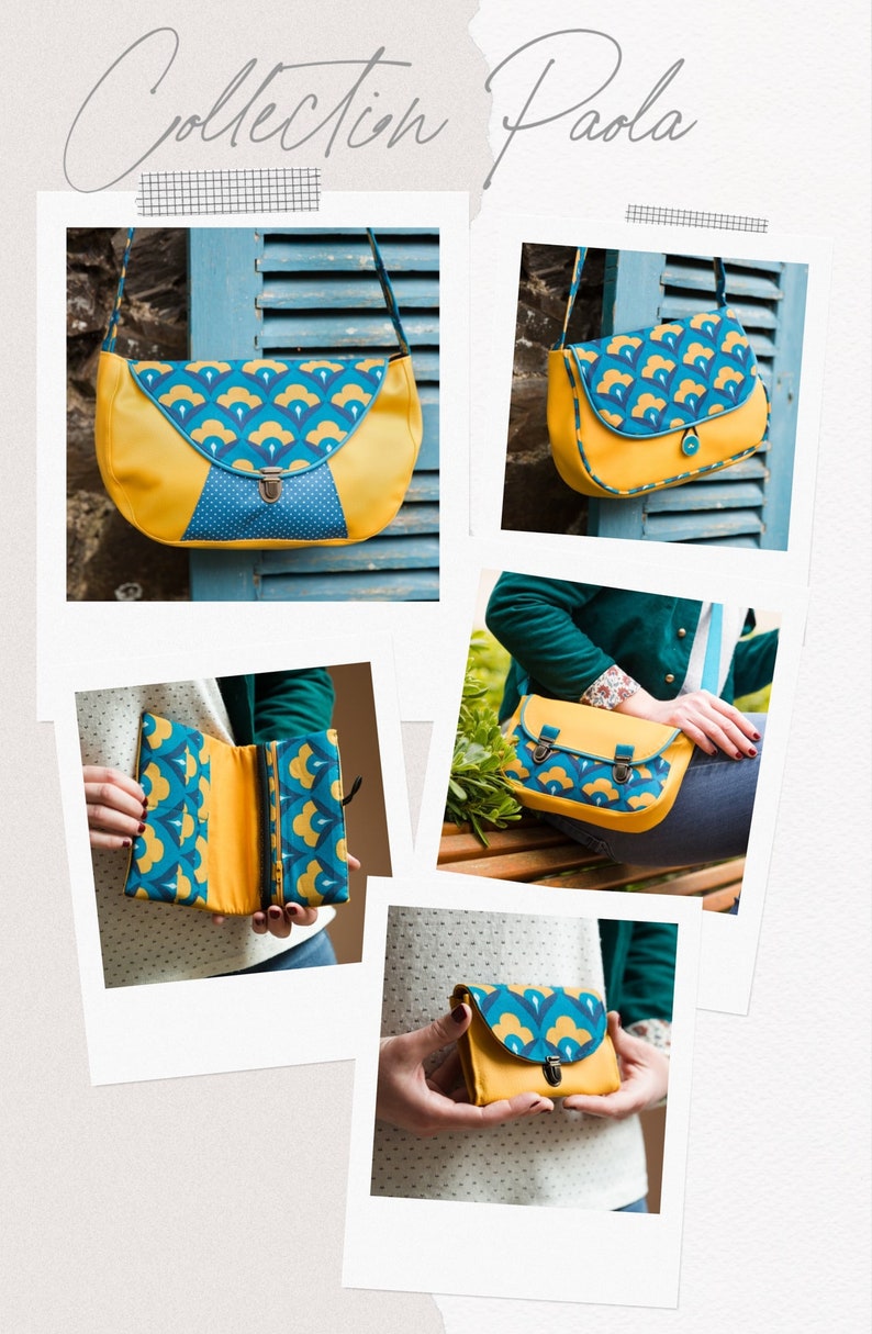 Porte monnaie femme Paola attache cartable simili cuir jaune moutarde et tissu bleu turquoise rétro image 8