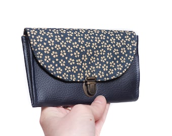 Women's coin purse attaches navy blue imitation leather satchel Japanese fabric flowers Léa
