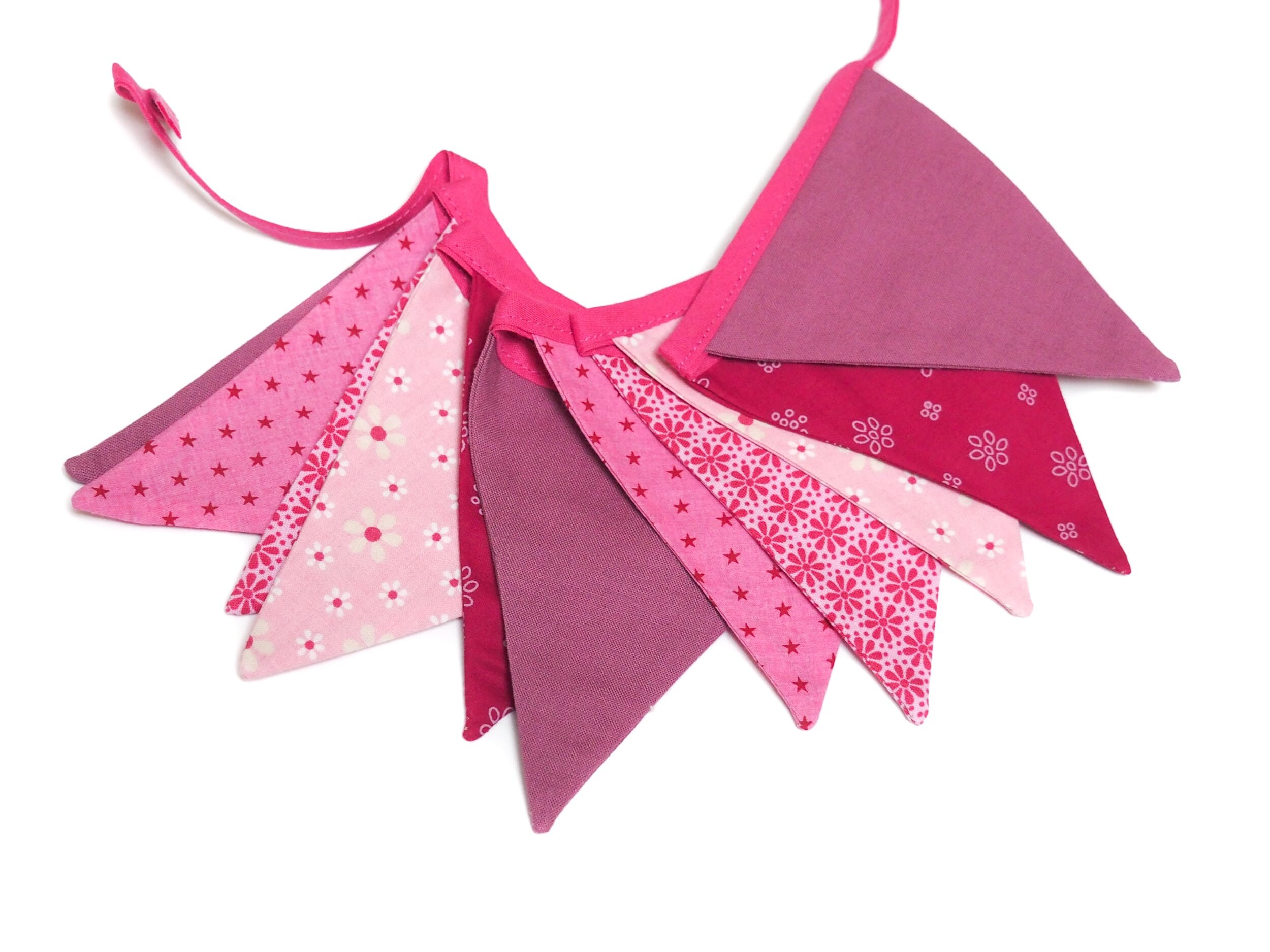 Guirlande Fanions Triangles en Tissu Coton Imprimé Rose Fuchsia et Violine