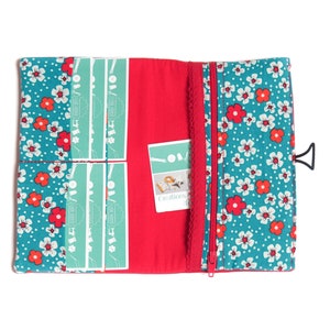 Portefeuille femme compagnon simili cuir rouge vif tissu imprimé turquoise fleurs rétro