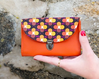 Women's coin purse attaches retro rust imitation leather satchel, orange circles and retro brown rust printed fabric