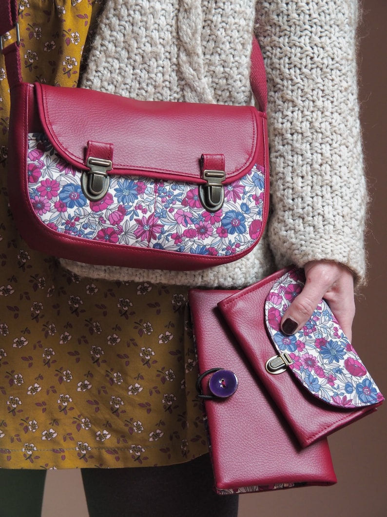 Women's purse attaches satchel in burgundy red imitation leather and liberty style flower print fabric image 8