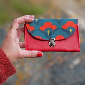 Monedero de mujer con cartera retro Clotilde en símil piel rojo vivo y tejido estampado vintage gris verde