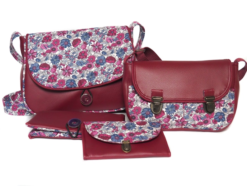 Women's purse attaches satchel in burgundy red imitation leather and liberty style flower print fabric image 7