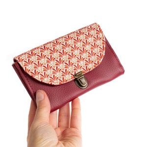 Women's coin purse attaches retro Sarah satchel in burgundy red imitation leather and geometric printed fabric image 2