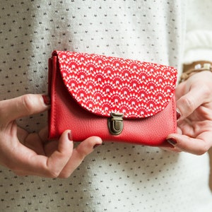 Women's coin holder ties bag simili red leather and geometric red print fabric