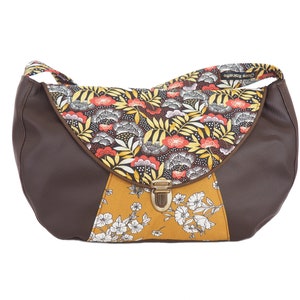 Sac besace femme bandoulière attache cartable simili cuir marron ébène et tissu moutarde et rouge feuillage