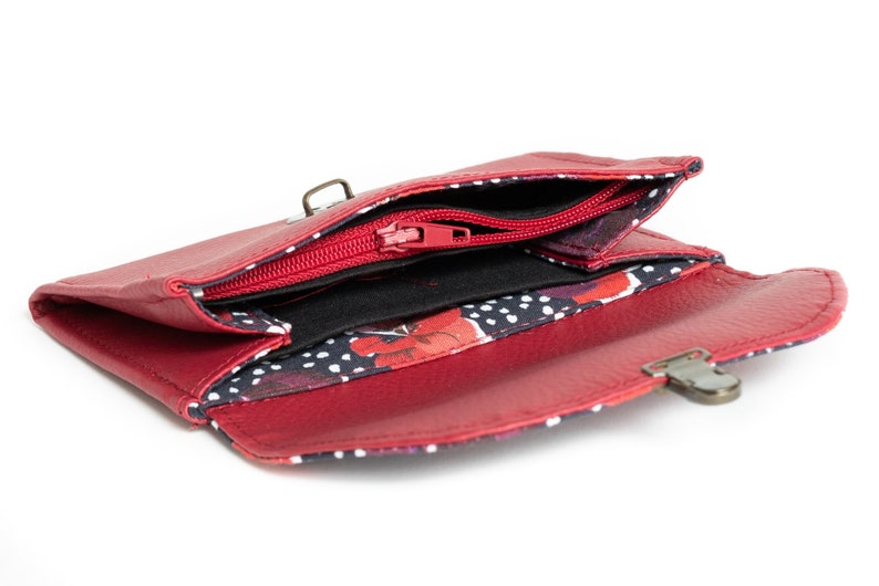 Women's purse attaches burgundy red Poppy imitation leather satchel and poppy and polka dot printed fabric image 3