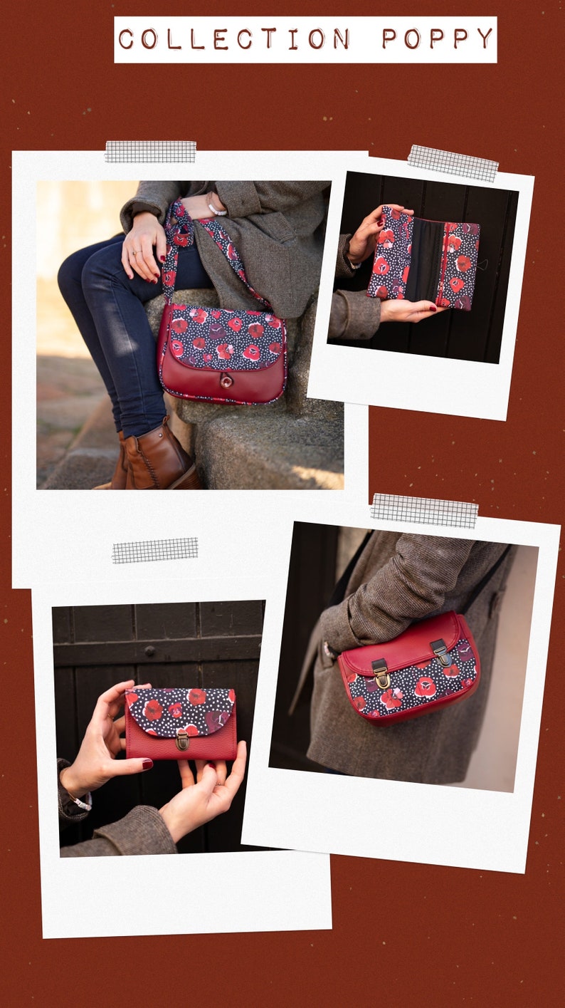 Porte monnaie femme attache cartable simili cuir Poppy rouge bordeaux et tissu imprimé coquelicots et pois image 7