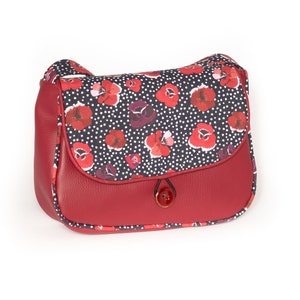 REVERSIBLE Poppy women's shoulder bag in burgundy red imitation leather and poppy and polka dot printed fabric image 3