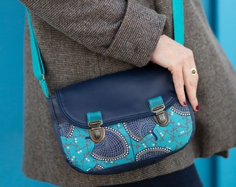 Handbag woman shoulder strap Isa in imitation leather navy blue and fabric printed turquoise wax