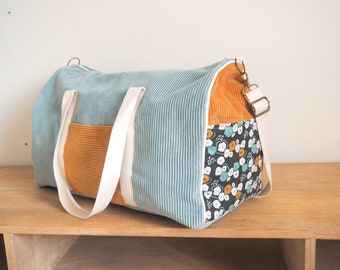 Weekend bag or diaper bag Turquoise blue and mustard corduroy and flower printed fabric