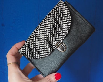 Japanese women's coin purse – retro gusseted coin purse in black faux leather and Japanese dotted fabric – handcrafted accessory