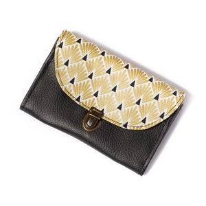 Lucie woman wallet satchel satchel imitation black leather and geometric gold printed fabric image 6