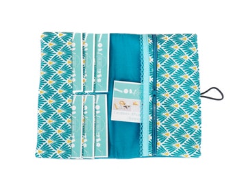 Portefeuille femme simili cuir Nana turquoise tissu imprimé géométrique jaune et turquoise canard