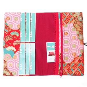 Portefeuille femme compagnon simili cuir rouge bordeaux tissu imprimé rouge doré japonais