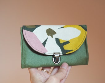 Women's coin holder ties bag simili khaki green leather and green and pink printed fabric