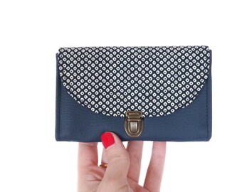 Women's wallet fastener imitation leather navy blue fabric Japanese stitches