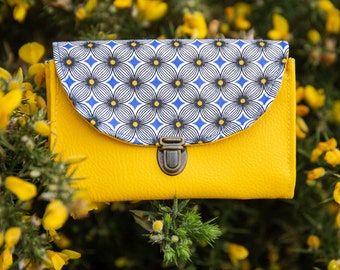 Sunny women's purse with yellow faux leather and blue and yellow geometric fabric satchel