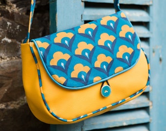 REVERSIBLE Paola women's shoulder bag in mustard yellow imitation leather and retro mustard yellow and turquoise printed fabric