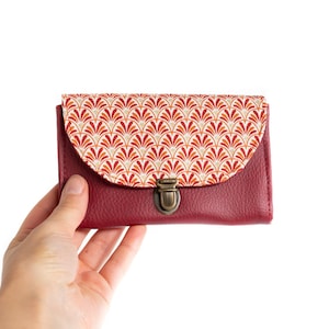 Women's coin purse attaches retro Sarah satchel in burgundy red imitation leather and geometric printed fabric image 5