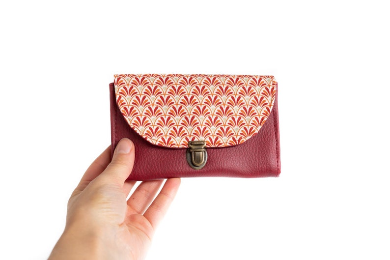 Women's coin purse attaches retro Sarah satchel in burgundy red imitation leather and geometric printed fabric image 5