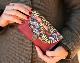 Women's wallet retro satchel attachment Sophie imitation red leather burgundy and gold and fabric printed foliage