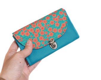 Women's wallet binder Lili imitation leather blue duck and fabric printed turquoise orange flowers