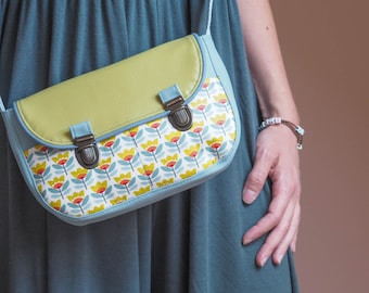 Women's shoulder bag in gray blue faux leather and retro printed fabric