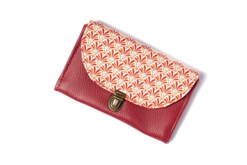 Women's coin purse attaches retro Sarah satchel in burgundy red imitation leather and geometric printed fabric image 6