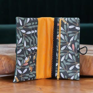 Portefeuille femme compagnon Pioupiou simili cuir vert foncé tissu imprimé oiseaux