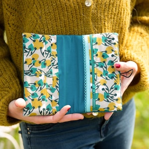 Portefeuille femme simili cuir Mia turquoise tissu imprimé jaune et turquoise canard